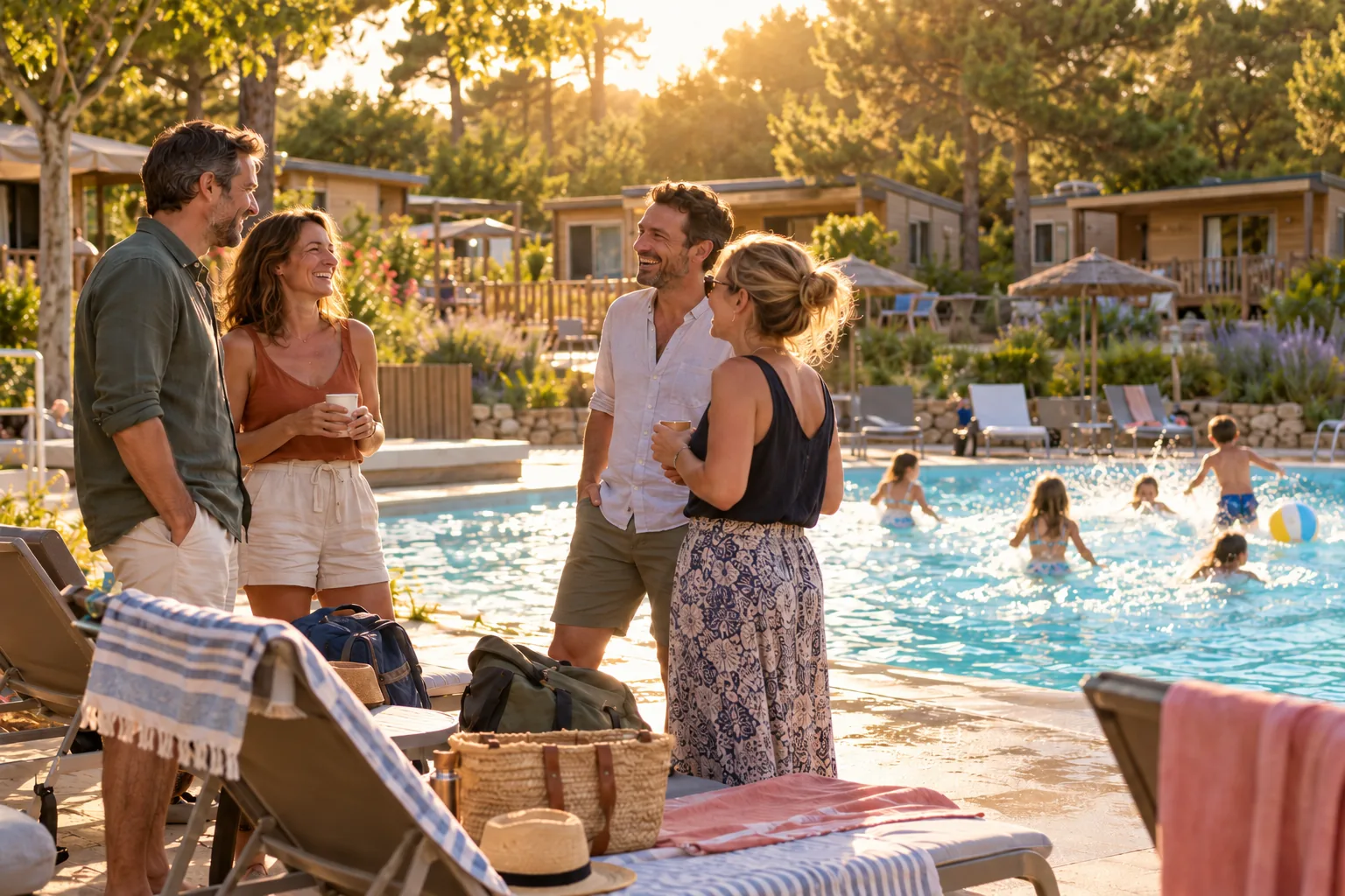 Two couples chatting by a campsite pool at sunset while their children play in the water